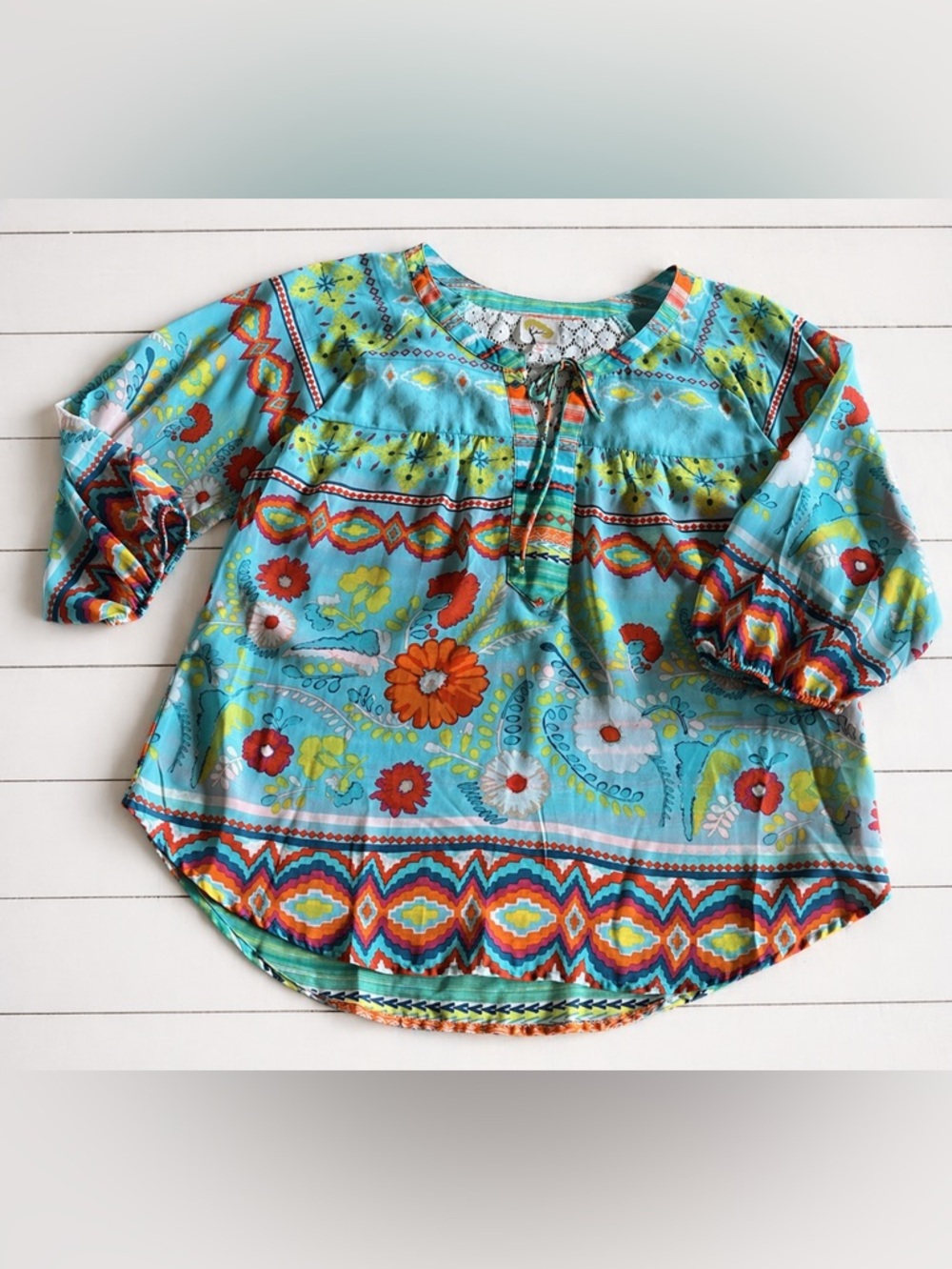 Anthropologie Fig & Flower Shirt Womens Large Blue Flowers Sheer Blouse Colorful
